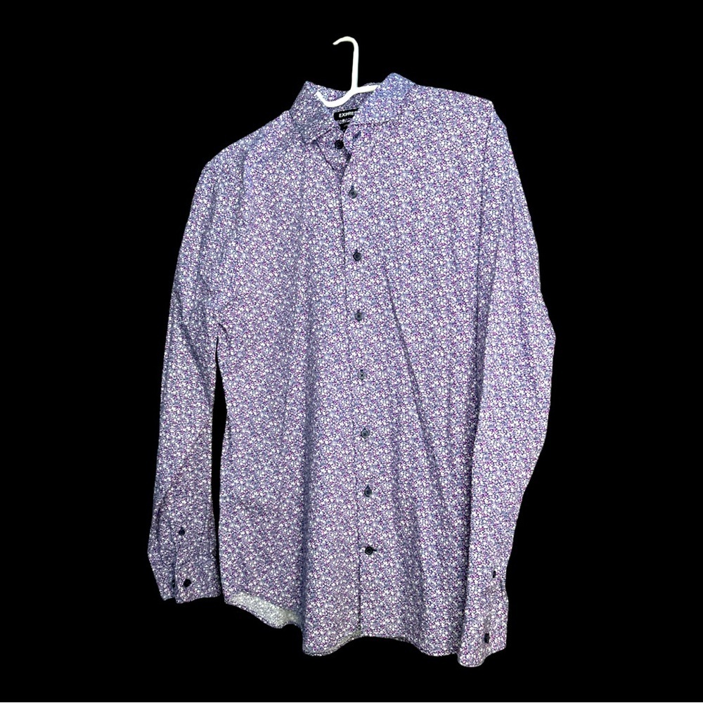 Express Men’s Button Down Purple Floral Print Extra Slim Large 16-16.5”